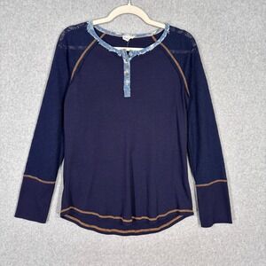 Hem & Thread Lace Waffle Knit Henley Top Medium Navy Y2K 00s Shirt Thermal Comfy